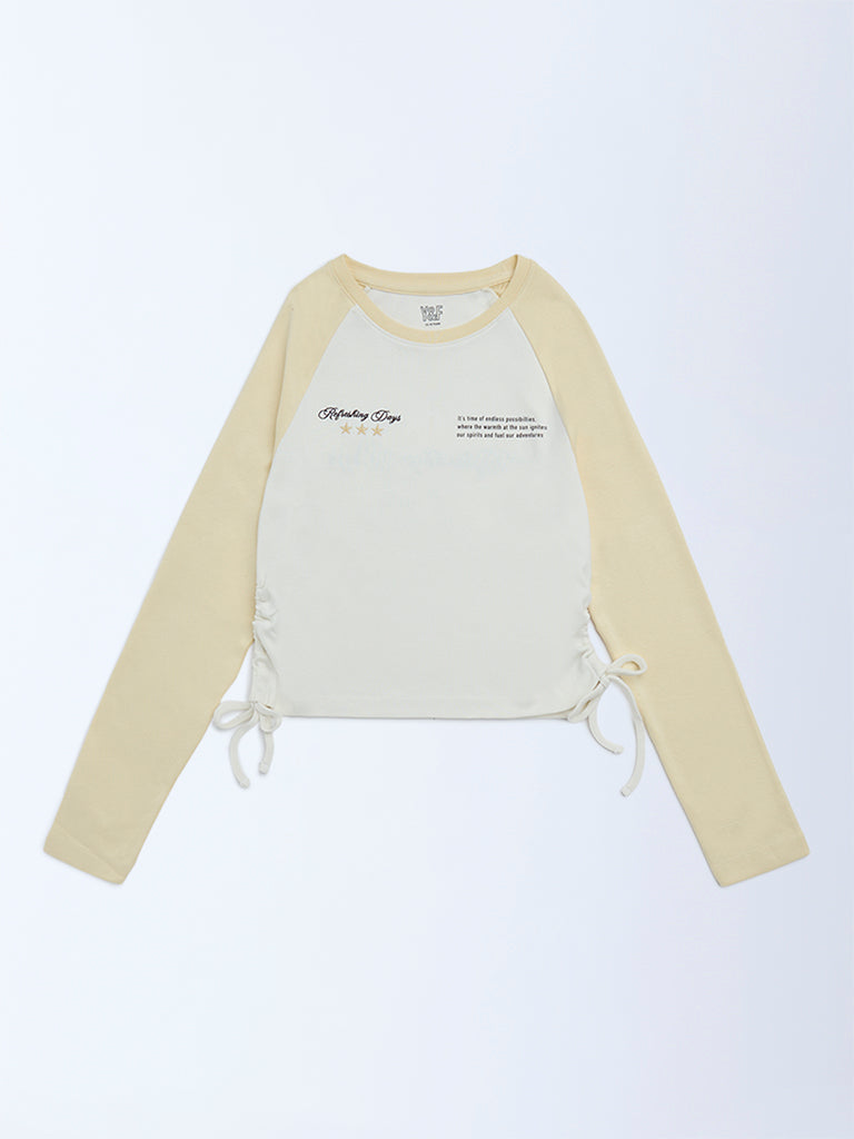 Y&F Kids Girls Yellow Typographic Cotton-Blend Top