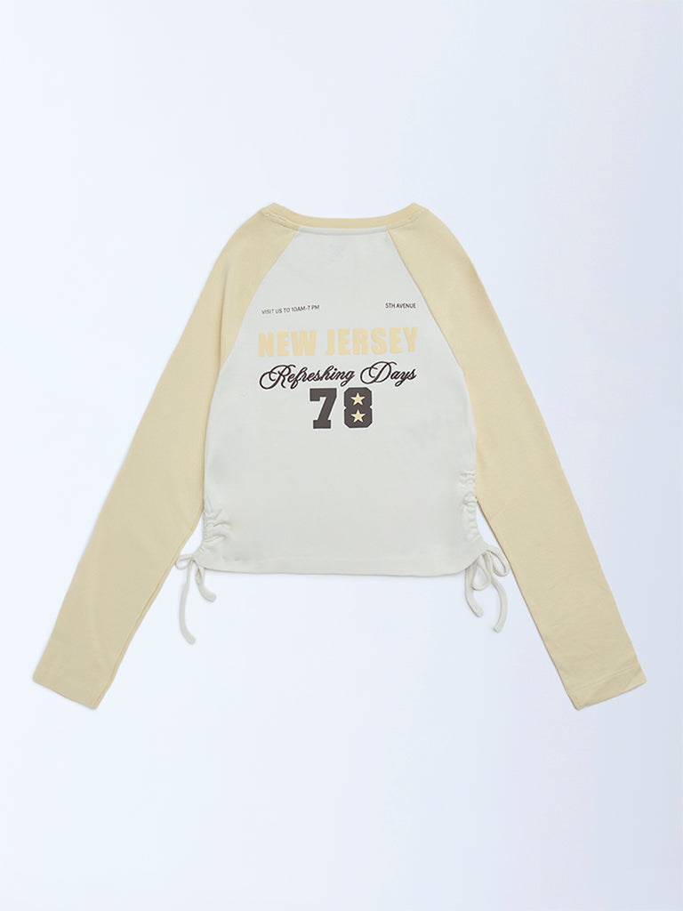 Y&F Kids Girls Yellow Typographic Cotton-Blend Top