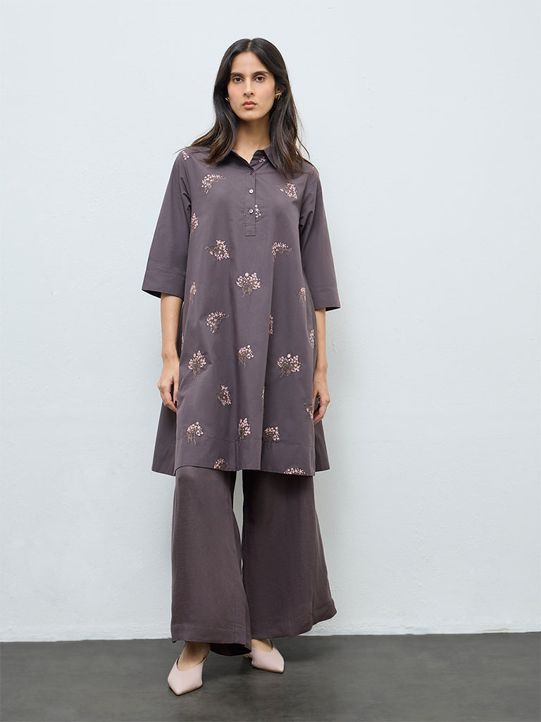 Zuba Grey Floral Embroidered Cotton A-Line Kurta