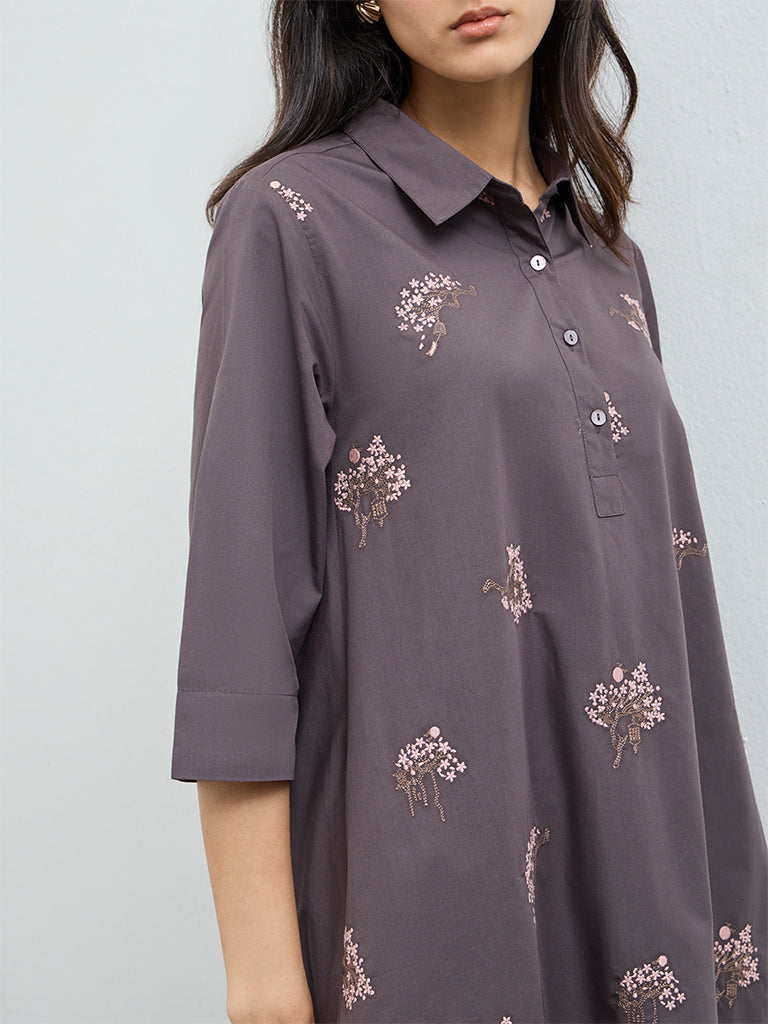 Zuba Grey Floral Embroidered Cotton A-Line Kurta
