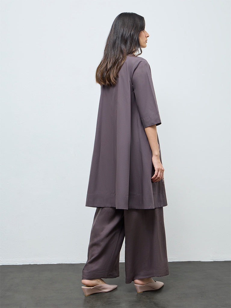 Zuba Grey Floral Embroidered Cotton A-Line Kurta
