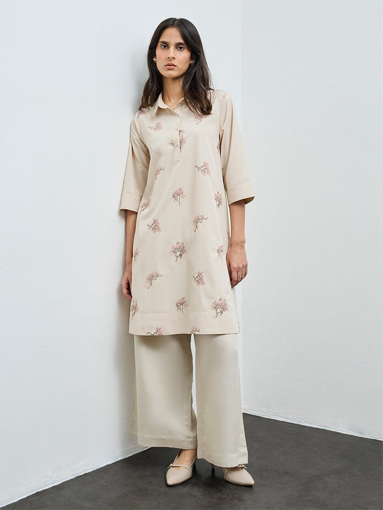 Zuba Off-White Floral Embroidered Cotton A-Line Kurta