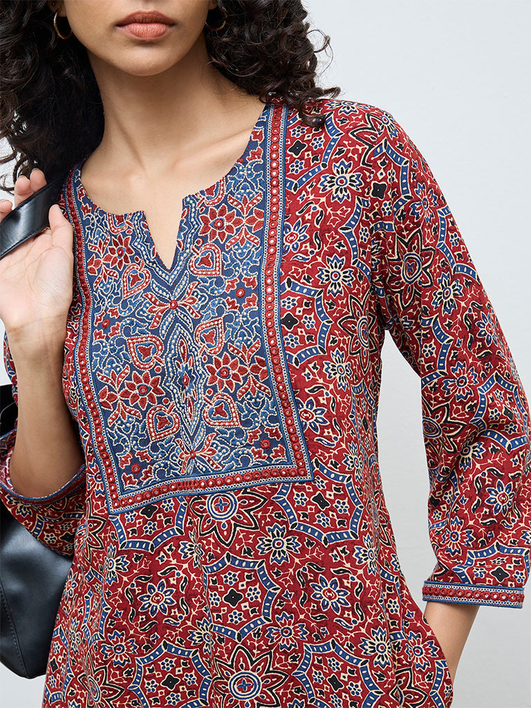 Utsa Rust Floral Printed Cotton A-Line Kurta