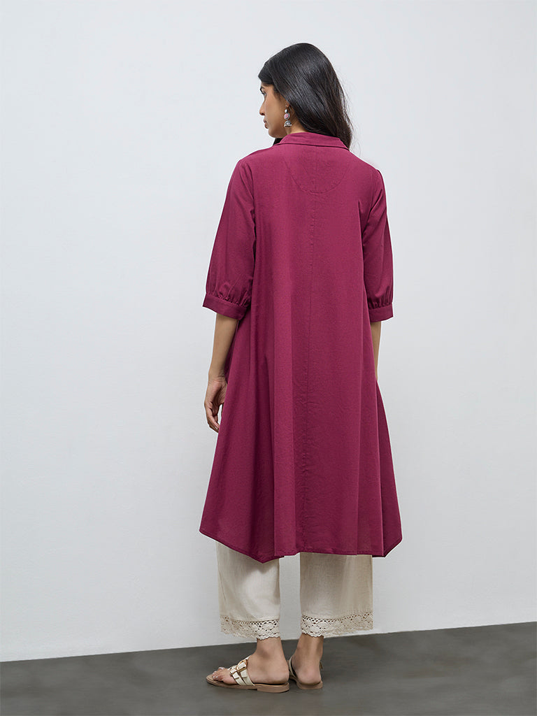Utsa Plum Floral Embroidered A-Line Cotton-Blend Kurta