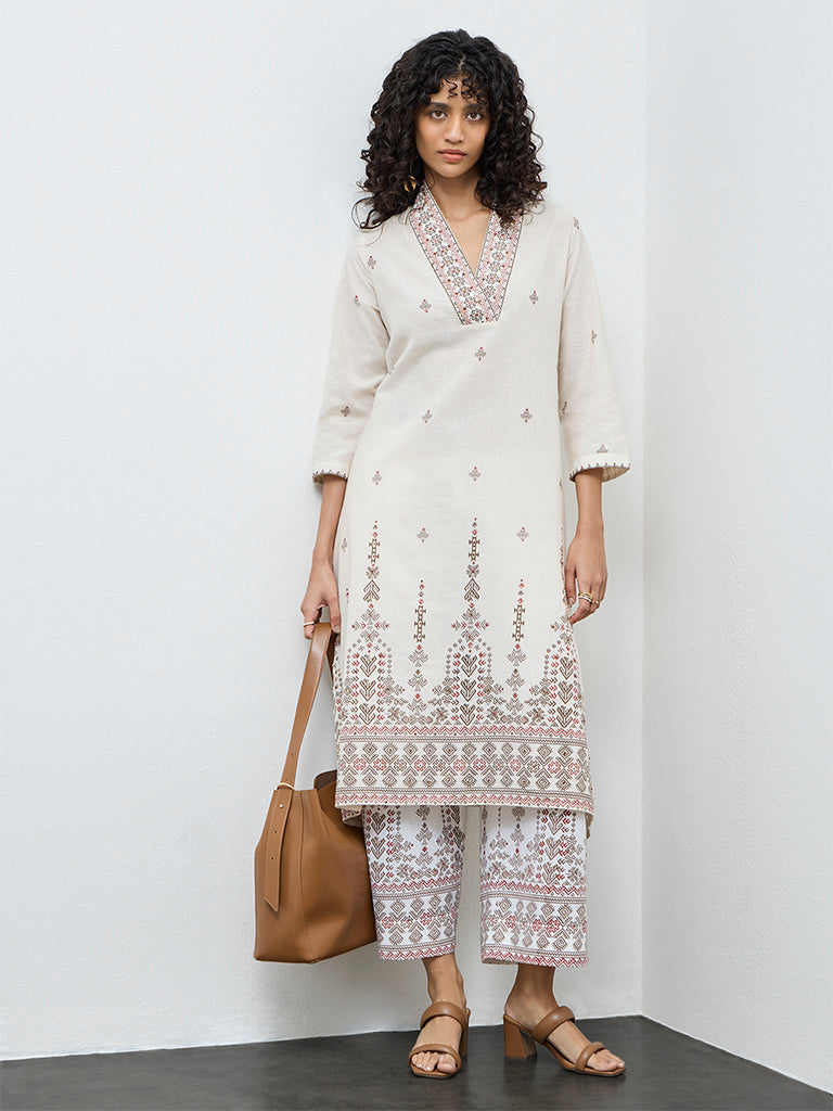 Utsa Beige Printed Cotton-Blend Pants
