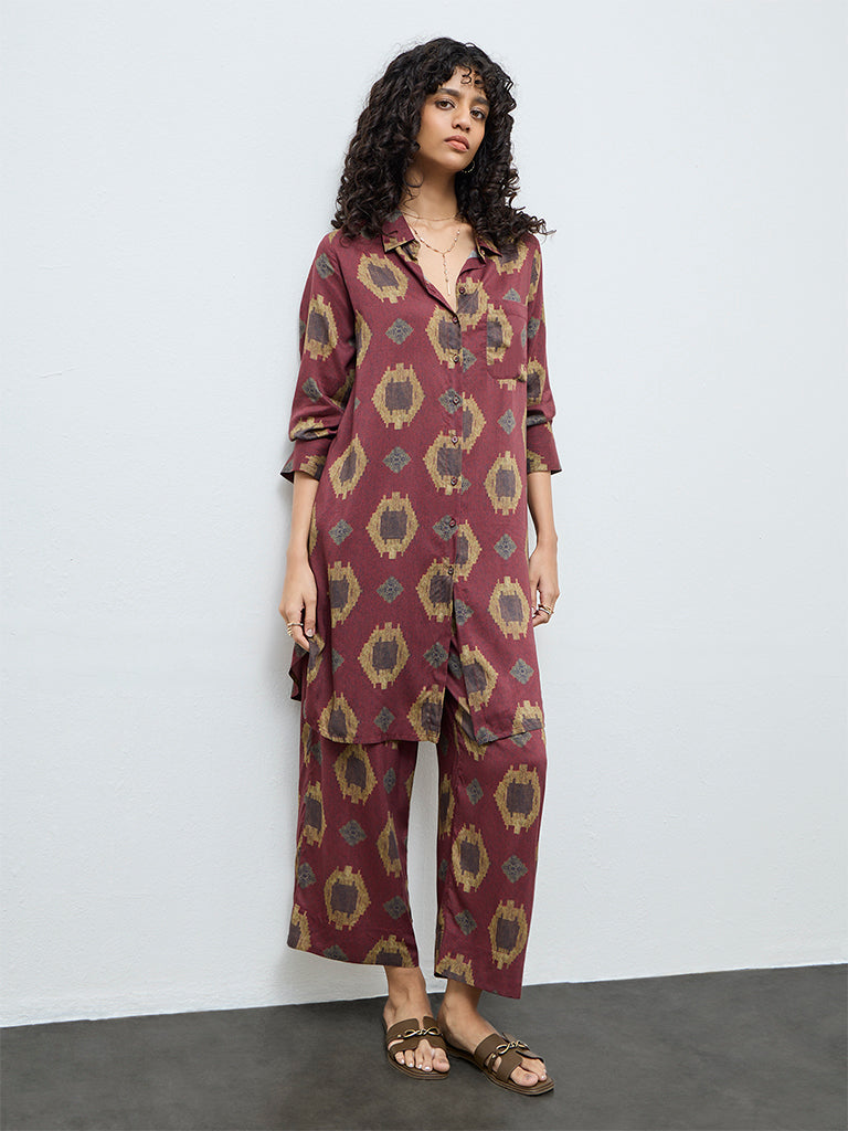 Utsa Maroon Printed Cotton Palazzos