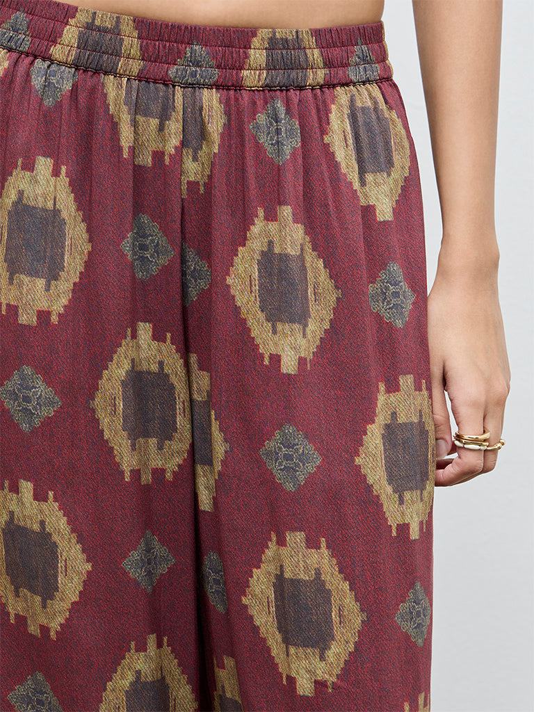 Utsa Maroon Printed Cotton Palazzos