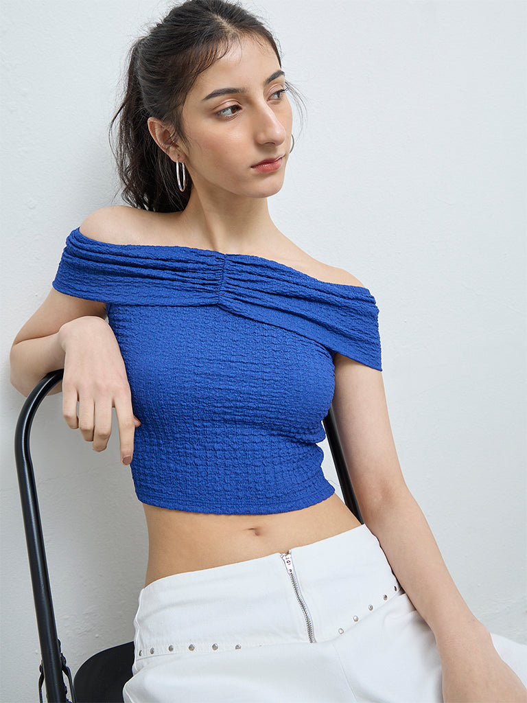 Nuon Blue Textured Off-Shoulder Top