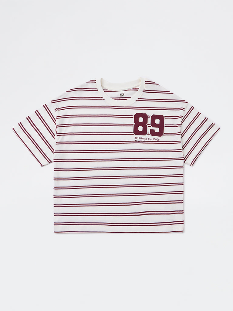 Y&F Kids Girls Off-White Striped Cotton T-Shirt