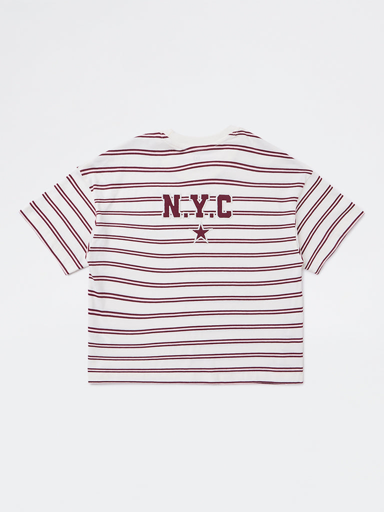 Y&F Kids Girls Off-White Striped Cotton T-Shirt