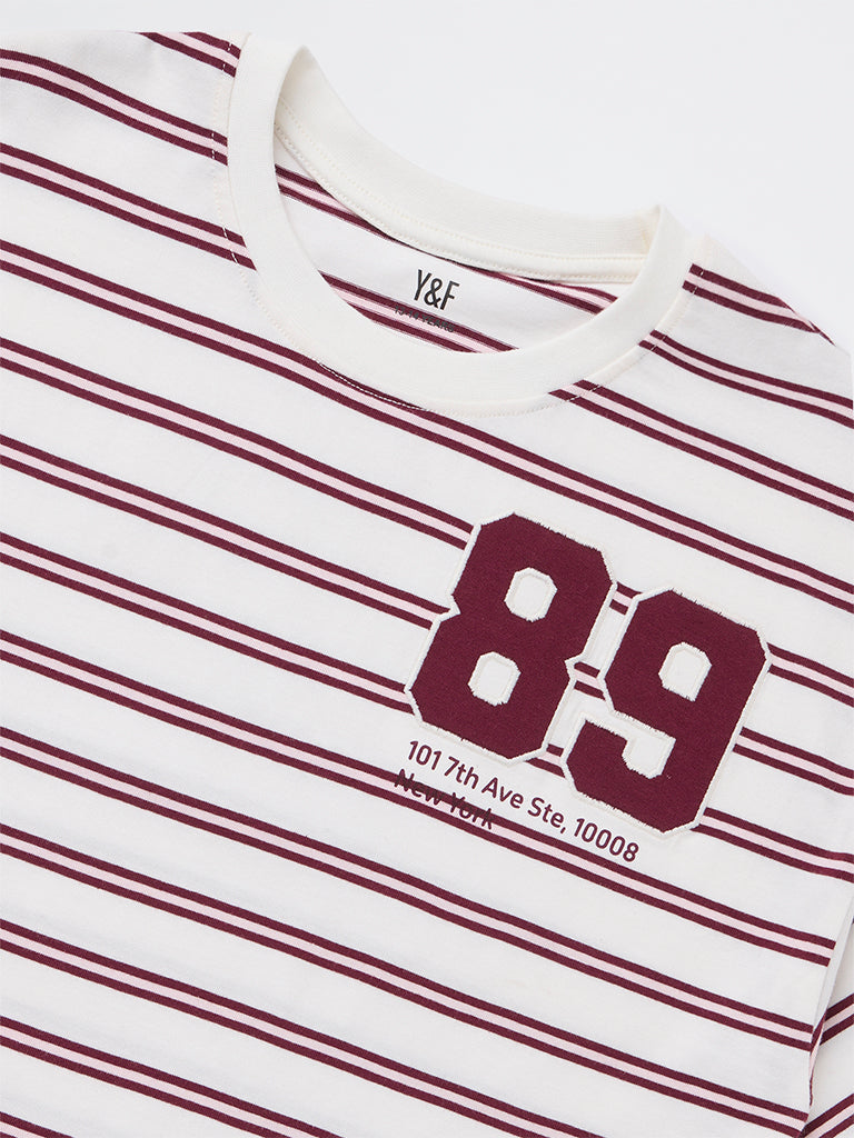 Y&F Kids Girls Off-White Striped Cotton T-Shirt