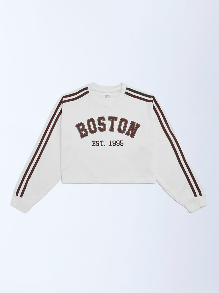 Y&F Kids Girls White Printed Cotton-Blend Sweatshirt