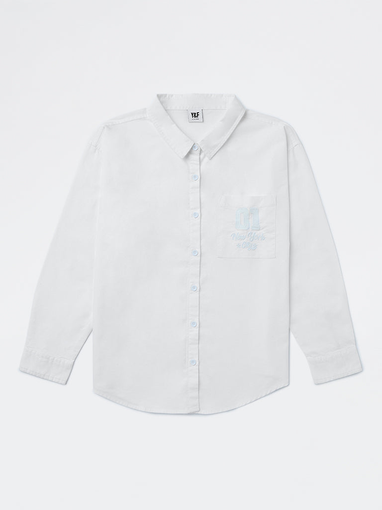 Y&F Kids Girls White Embroidered Cotton Shirt