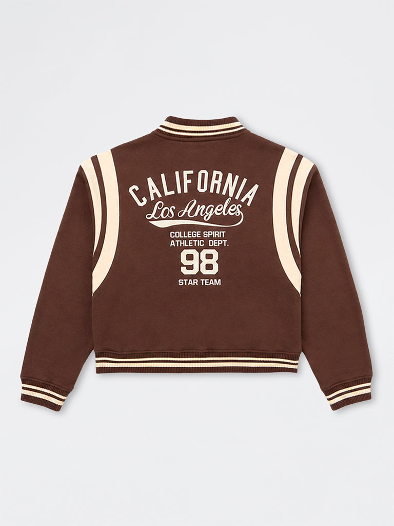 Girls Brown Printed Cotton-Blend Varsity Jacket