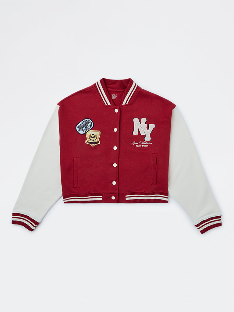 Y&F Kids Girls Red Text Detailed Cotton-Blend Varsity Jacket