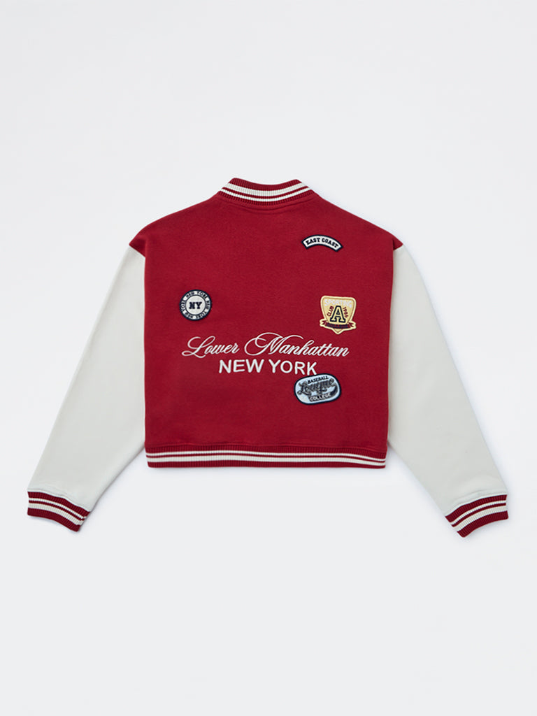 Y&F Kids Girls Red Text Detailed Cotton-Blend Varsity Jacket