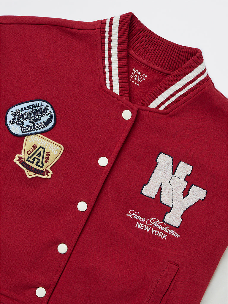 Y&F Kids Girls Red Text Detailed Cotton-Blend Varsity Jacket