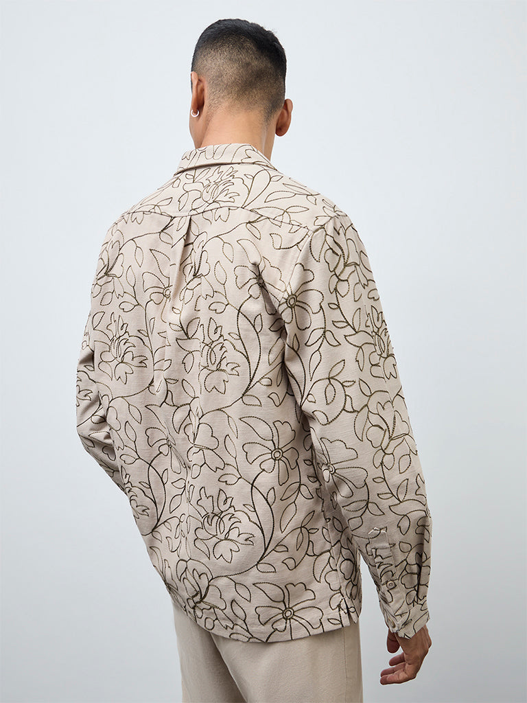 ETA Taupe Floral Embroidered Relaxed-Fit Cotton Jacket