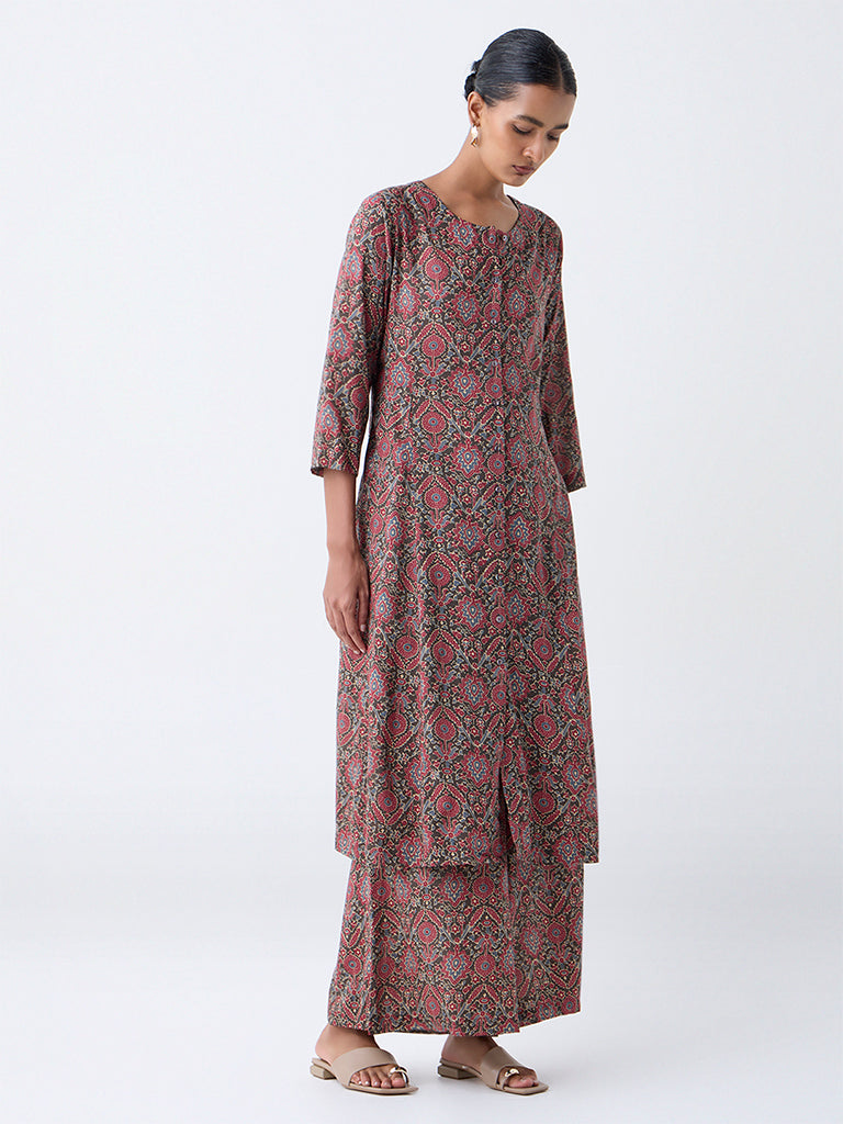 Zuba Maroon Ajrakh Printed A-Line Kurta