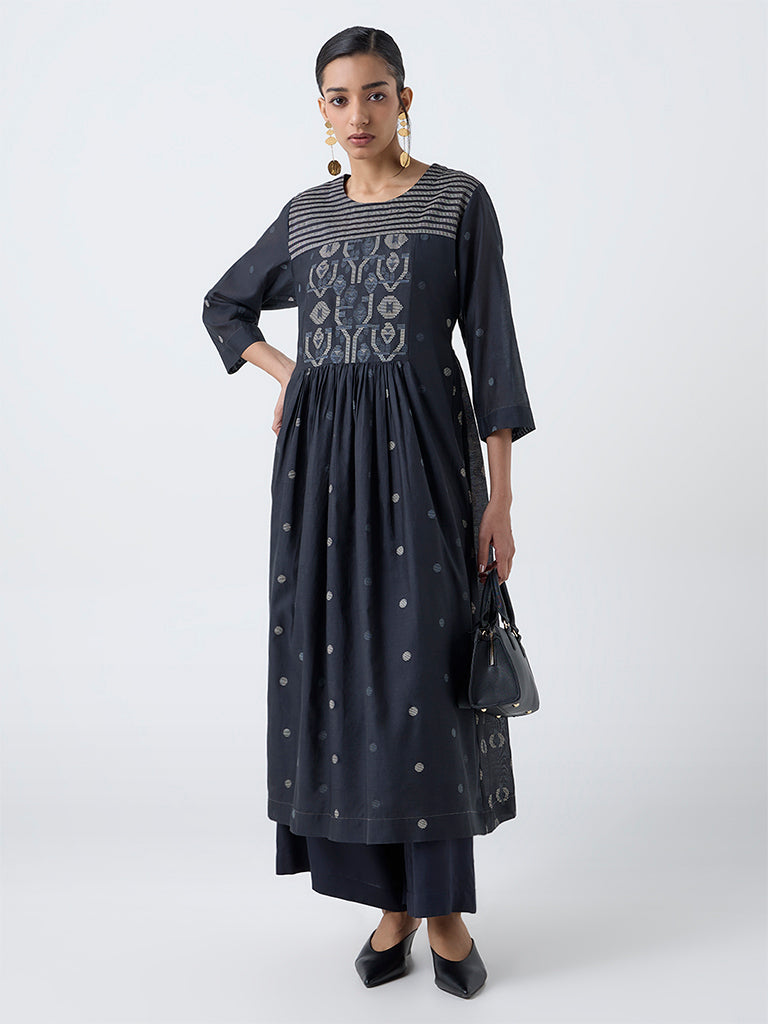 Zuba Black Jamdani Embroidered A-Line Kurta with Inner
