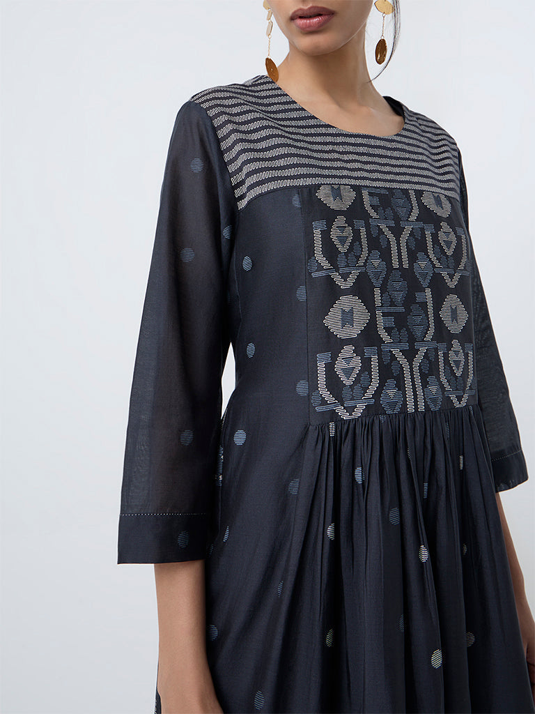 Zuba Black Jamdani Embroidered A-Line Kurta with Inner