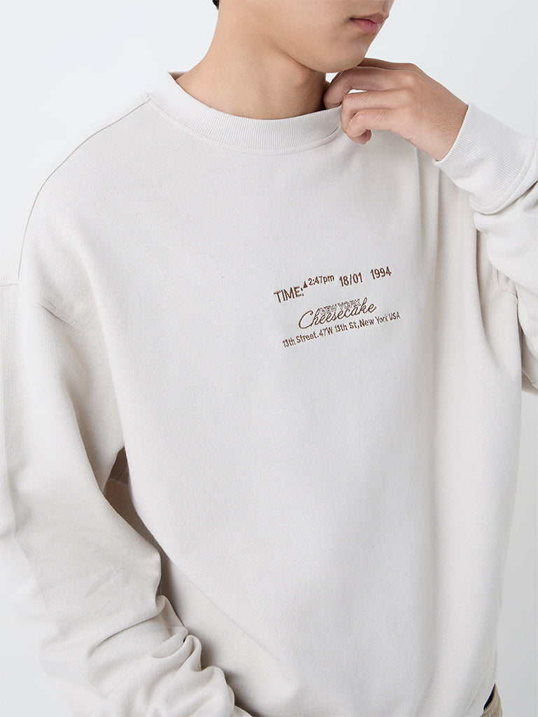 Nuon Taupe Text Detailed Relaxed-Fit Cotton Sweatshirt