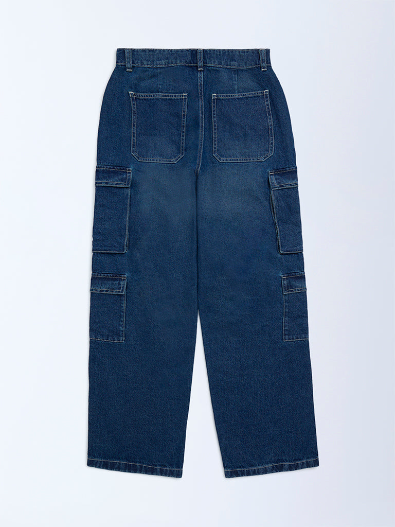 Y&F Kids Boys Dark Blue Cargo-Style Mid-Rise Jeans