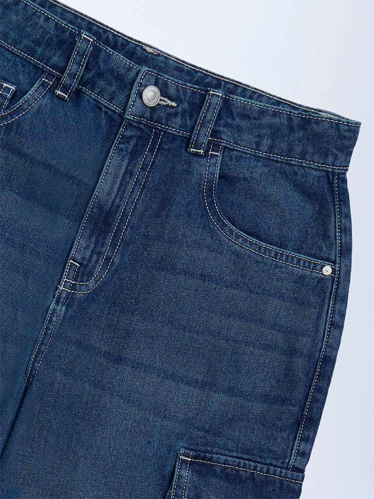 Y&F Kids Boys Dark Blue Cargo-Style Mid-Rise Jeans