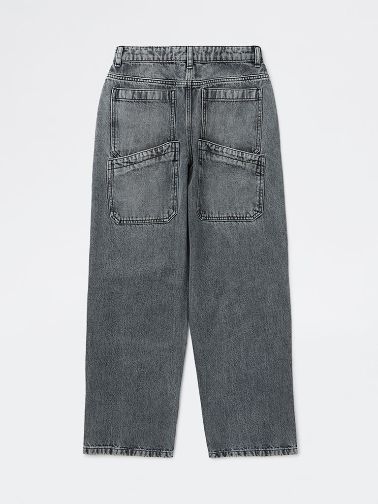 Y&F Kids Boys Charcoal Washed Relaxed-Fit Mid-Rise Jeans