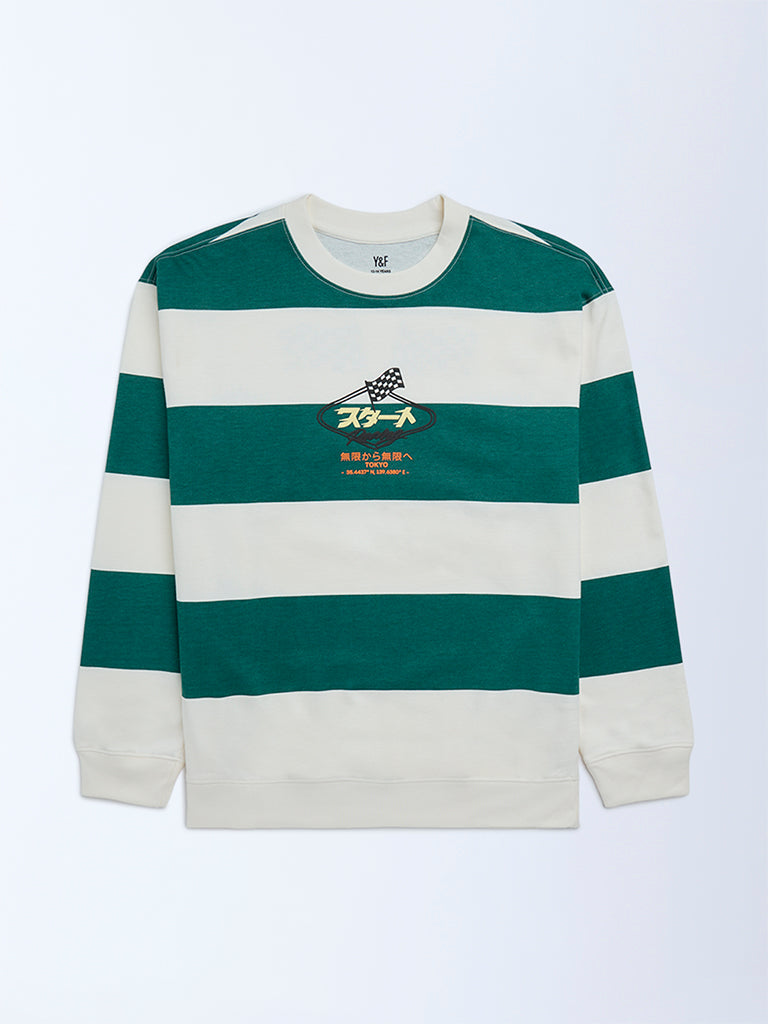 Y&F Kids Boys Dark Green Striped Cotton Sweatshirt