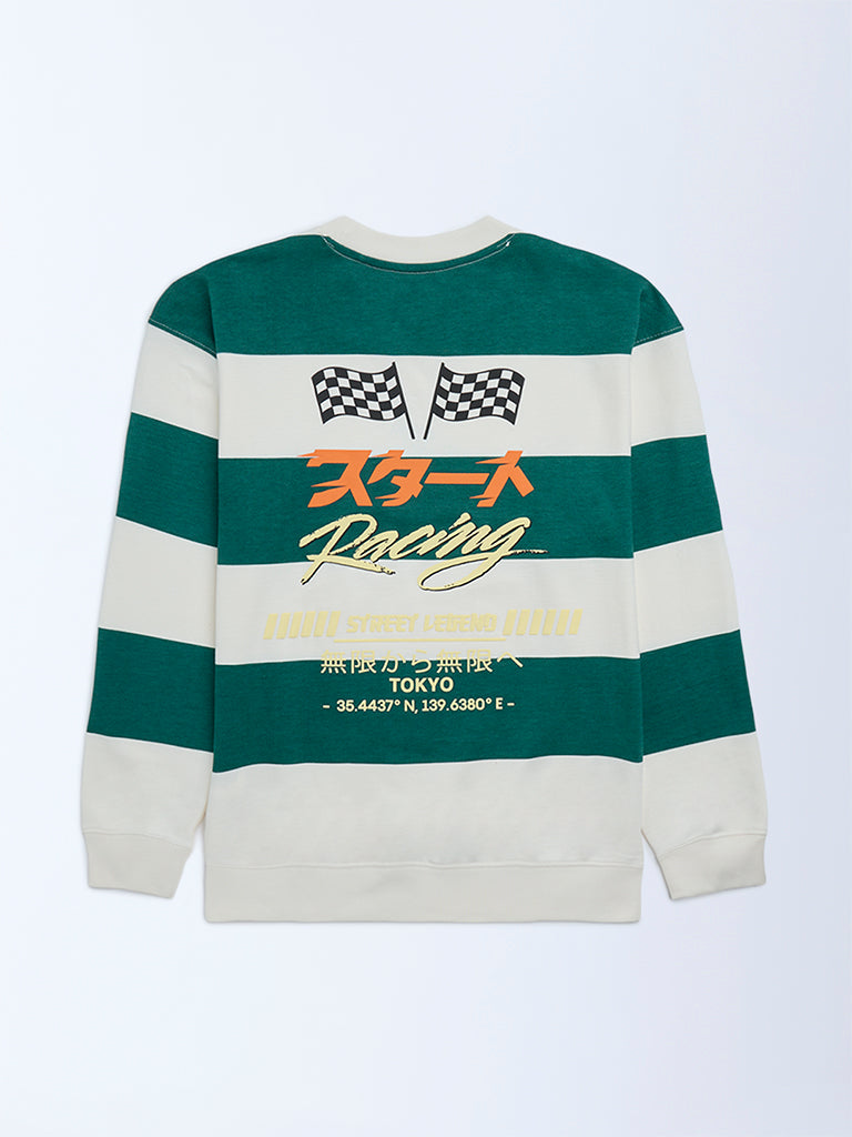Y&F Kids Boys Dark Green Striped Cotton Sweatshirt