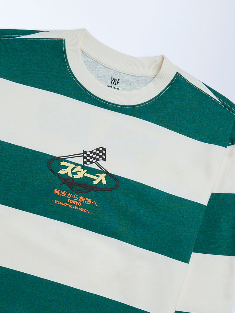 Y&F Kids Boys Dark Green Striped Cotton Sweatshirt