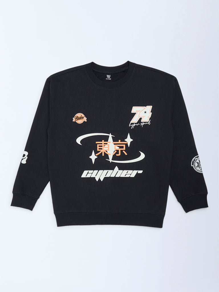 Y&F Kids Boys Black Printed Cotton-Blend Sweatshirt