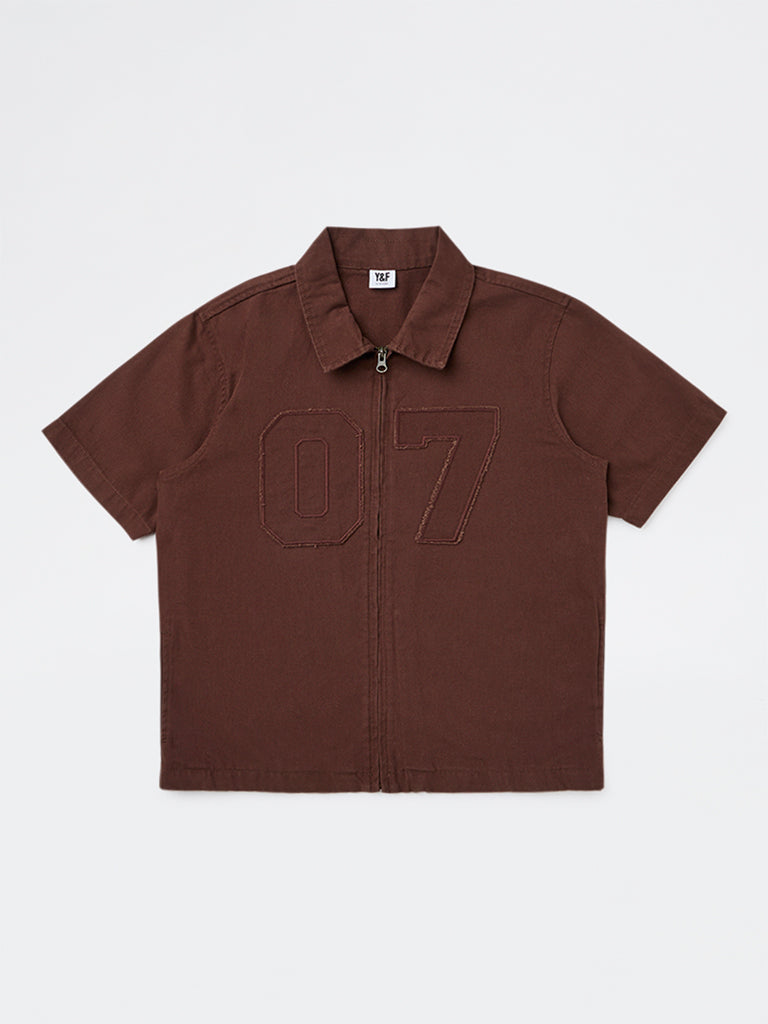 Y&F Kids Boys Brown Numerical Embroidered Cotton Shirt