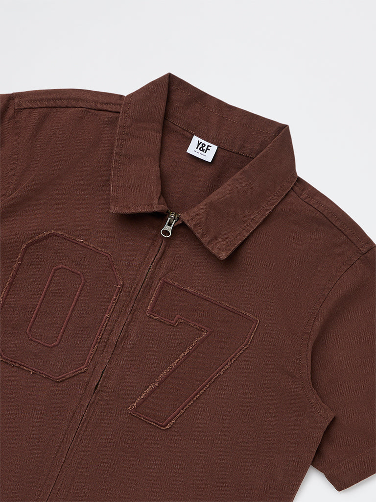 Y&F Kids Boys Brown Numerical Embroidered Cotton Shirt