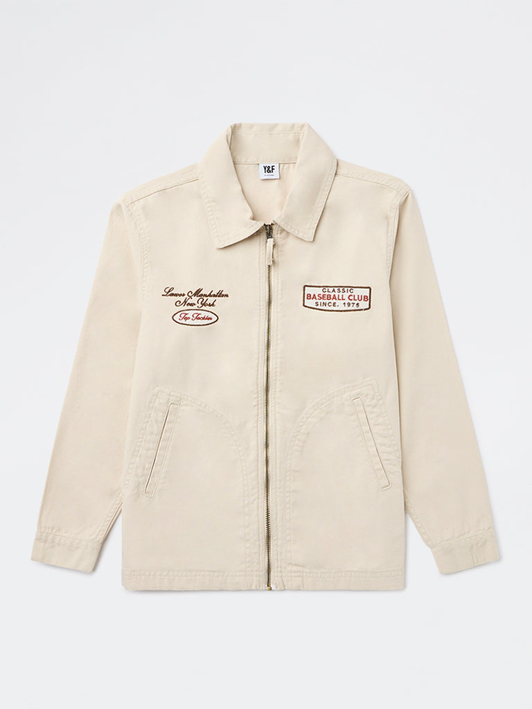 Y&F Kids Boys Beige Text Detailed Denim Jacket