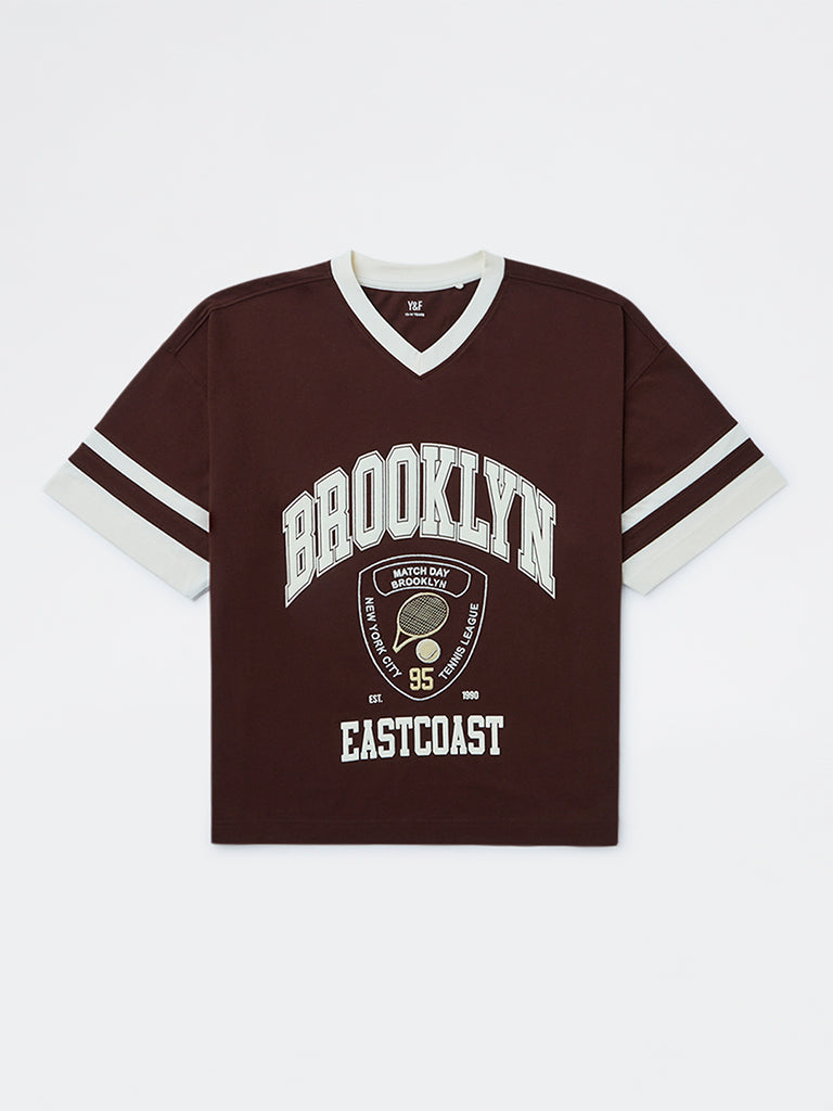 Y&F Kids Boys Brown Text Printed Cotton T-Shirt