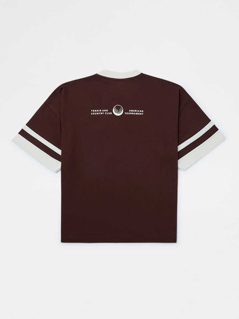 Y&F Kids Boys Brown Text Printed Cotton T-Shirt