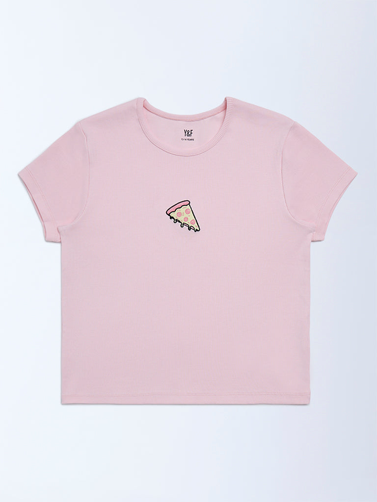 Y&F Kids Girls Pink Embroidered Cotton-Blend T-Shirt