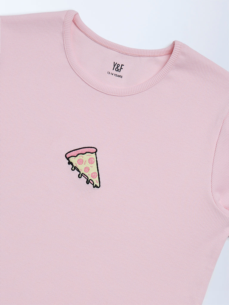 Y&F Kids Girls Pink Embroidered Cotton-Blend T-Shirt