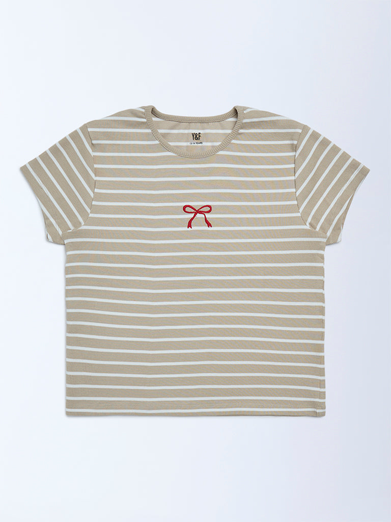Y&F Kids Girls Beige Striped Cotton T-Shirt