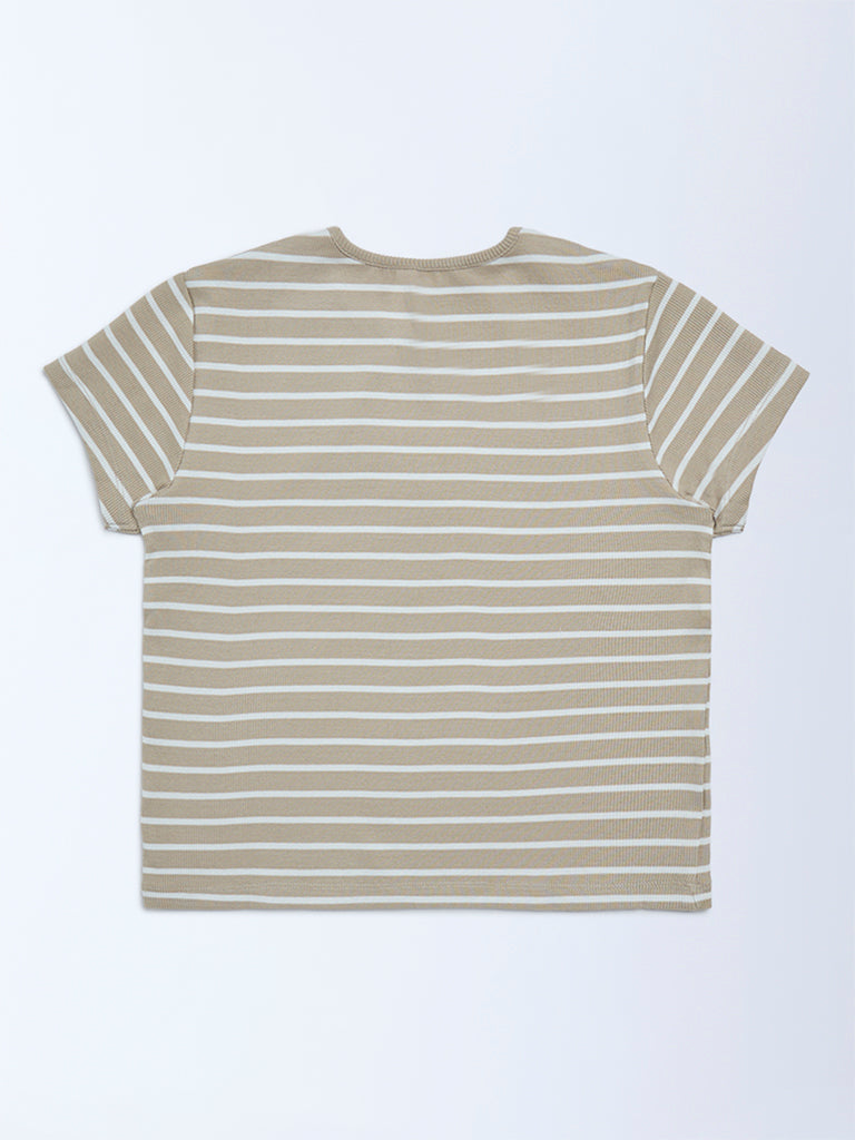 Y&F Kids Girls Beige Striped Cotton T-Shirt