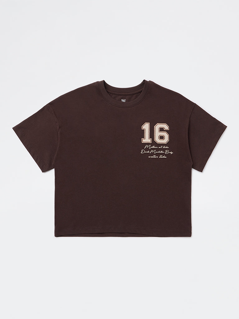 Y&F Kids Girls Dark Brown Text Detailed Cotton T-Shirt