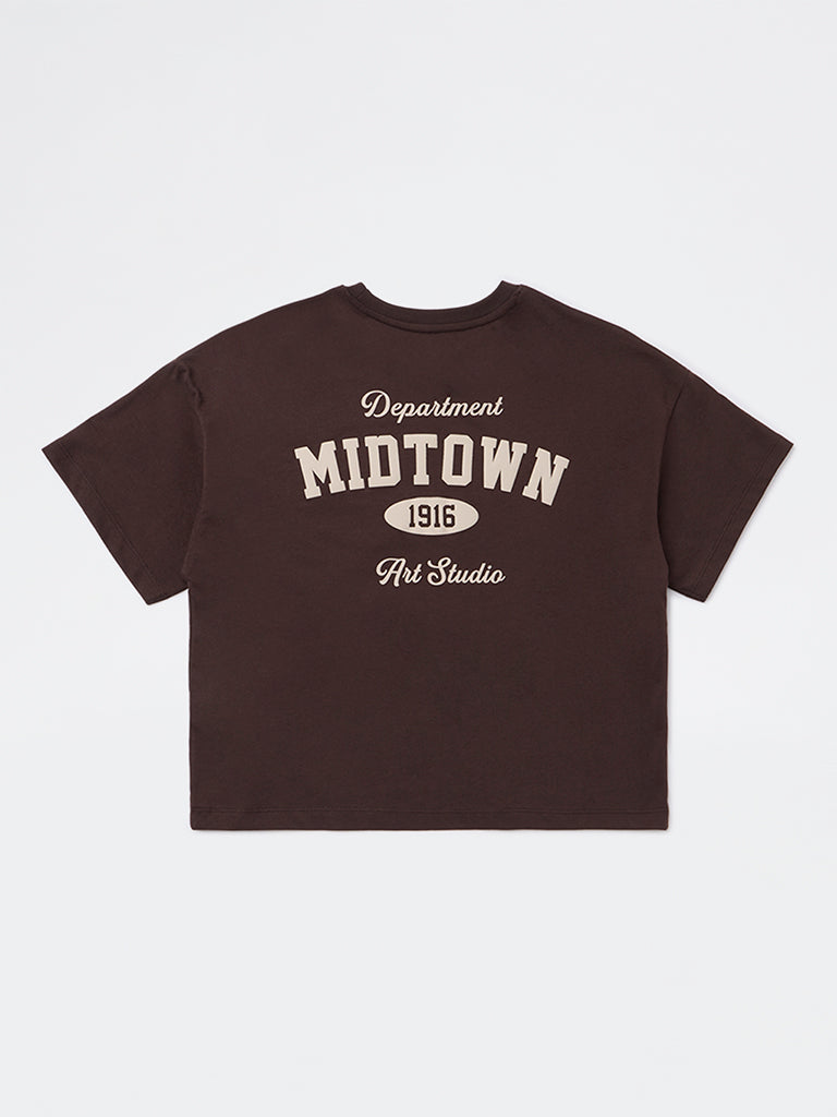 Y&F Kids Girls Dark Brown Text Detailed Cotton T-Shirt