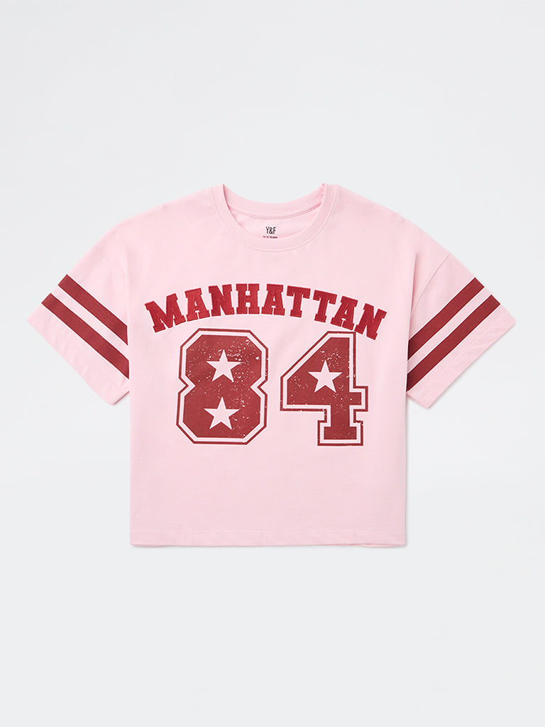 Y&F Kids Girls Pink Printed Cotton T-Shirt