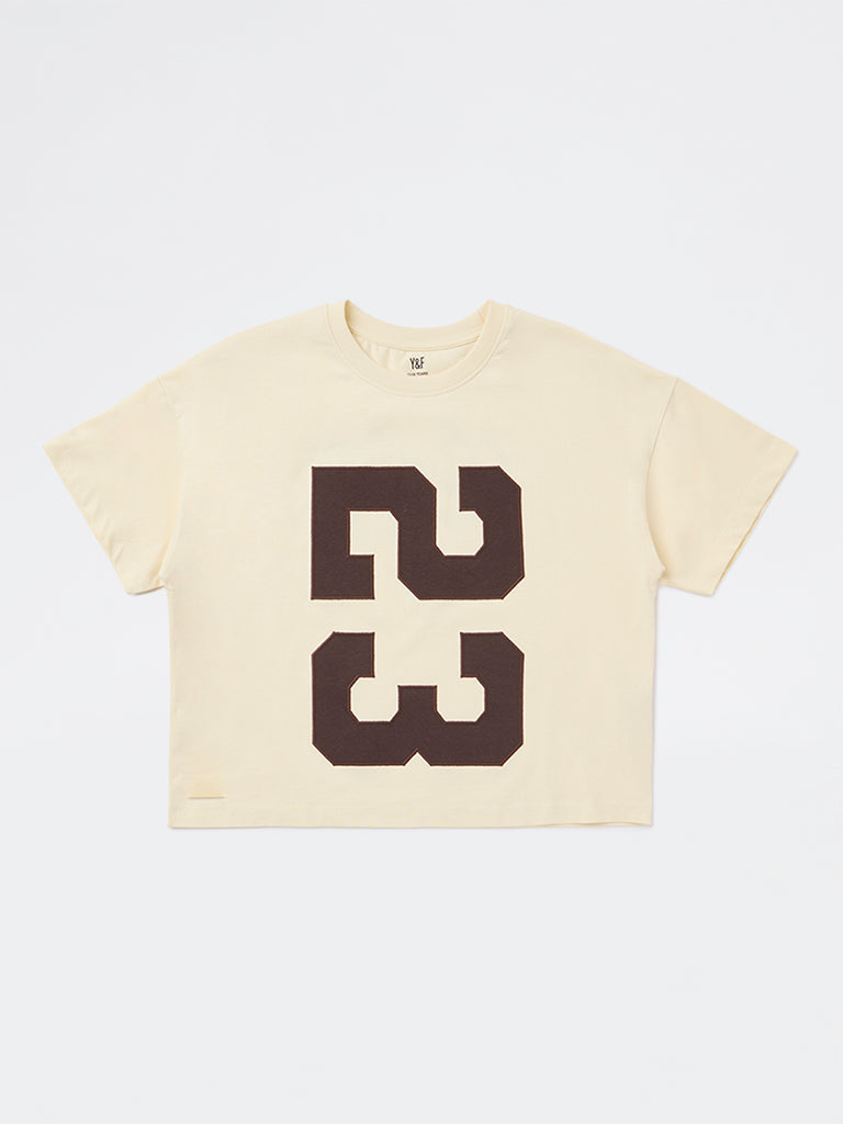 Y&F Kids Girls Light Yellow Text Design Cotton T-Shirt