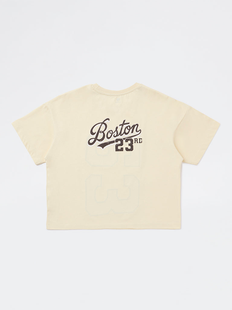 Y&F Kids Girls Light Yellow Text Design Cotton T-Shirt