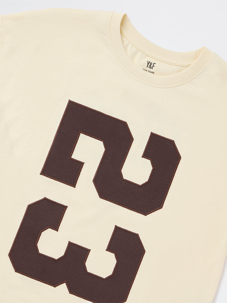 Y&F Kids Girls Light Yellow Text Design Cotton T-Shirt