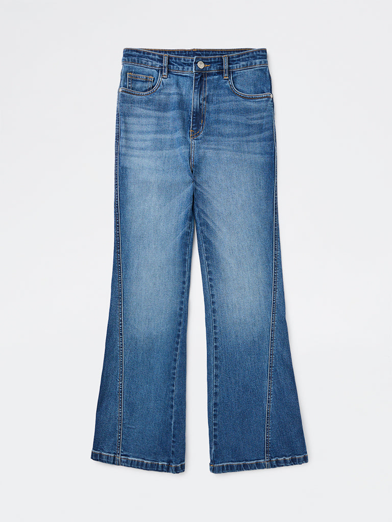 Y&F Kids Girls Blue High-Rise Cotton-Blend Flared Jeans
