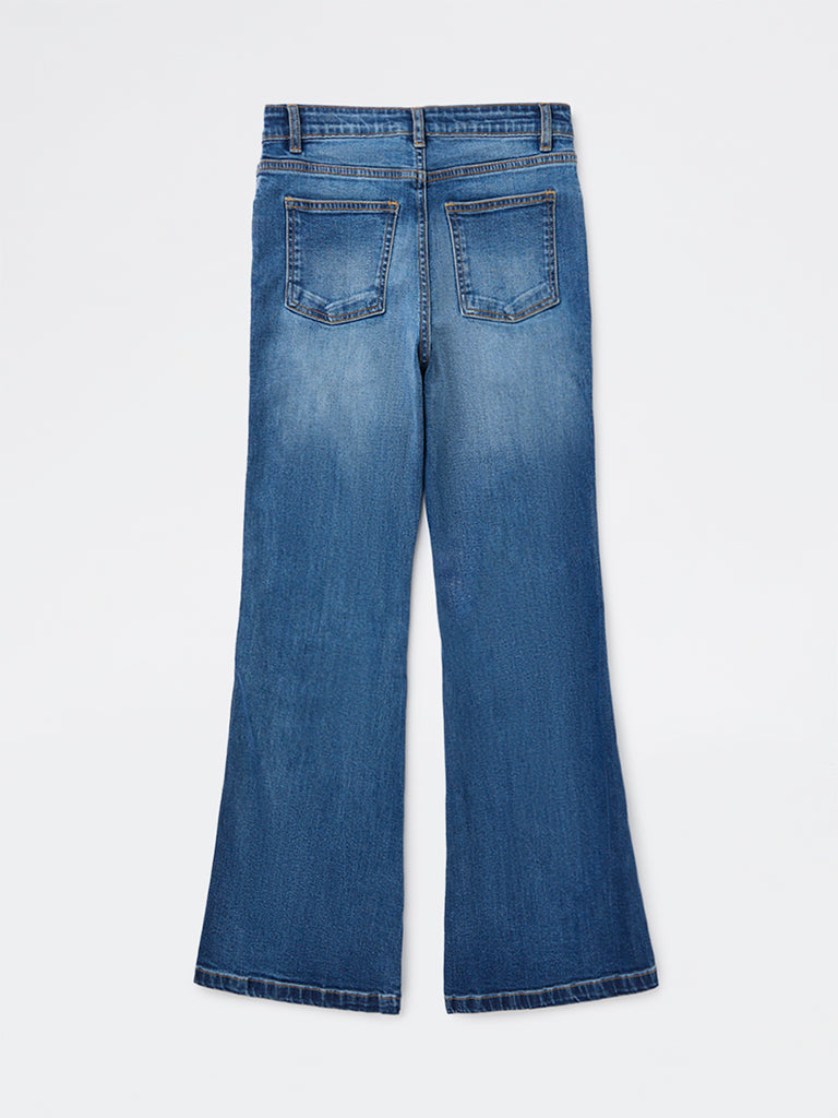 Y&F Kids Girls Blue High-Rise Cotton-Blend Flared Jeans